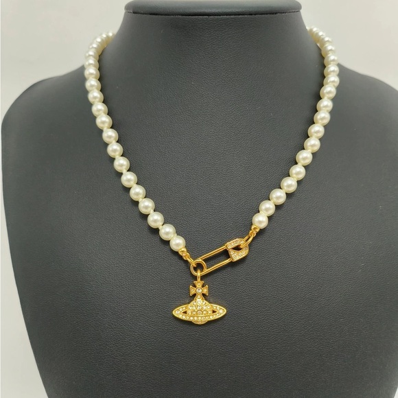 Vivienne Westwood Pearl Necklace with Gold Brooch Pendant